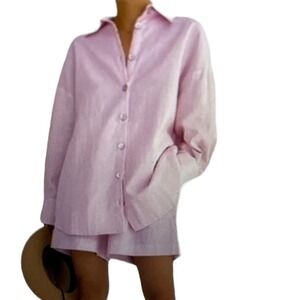 Pink long sleeve button shirt lined shorts set pink relaxed fit size Small